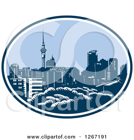 Clipart of a Retro Woodcut Scene of the Auckland City Skyline with the Sky Tower in New Zealand - Royalty Free Vector Illustration by patrimonio