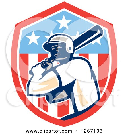 Clipart of a Retro Male Baseball Player Batting Inside an American Flag Shield - Royalty Free Vector Illustration by patrimonio