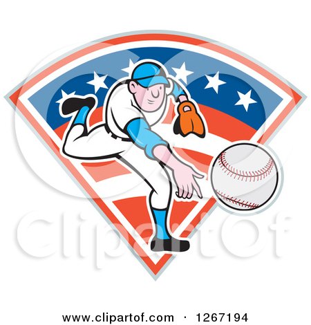 Clipart of a Cartoon White Male Baseball Pitcher Throwing over an American Flag Diamond - Royalty Free Vector Illustration by patrimonio