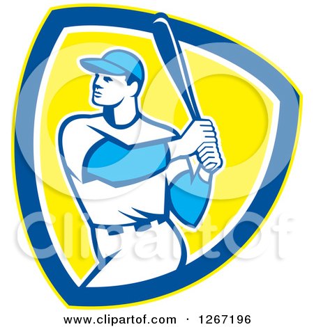 Clipart of a Retro White Male Baseball Player Batting Inside a Yellow Blue and White Shield - Royalty Free Vector Illustration by patrimonio
