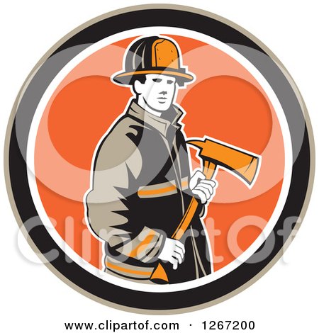 Clipart of a Retro Male Fireman Holding an Axe in a Brown Black White and Orange Circle - Royalty Free Vector Illustration by patrimonio