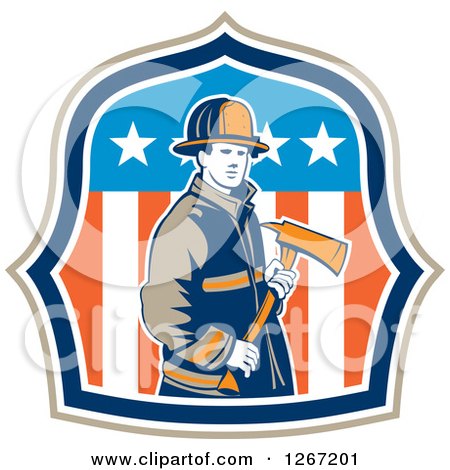 Clipart of a Retro Male Fireman Holding an Axe in an American Flag Shield - Royalty Free Vector Illustration by patrimonio