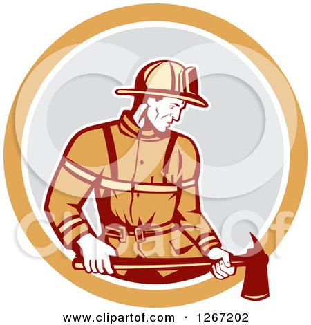 Clipart of a Retro Male Fireman Holding an Axe in an Orange White and Gray Circle - Royalty Free Vector Illustration by patrimonio