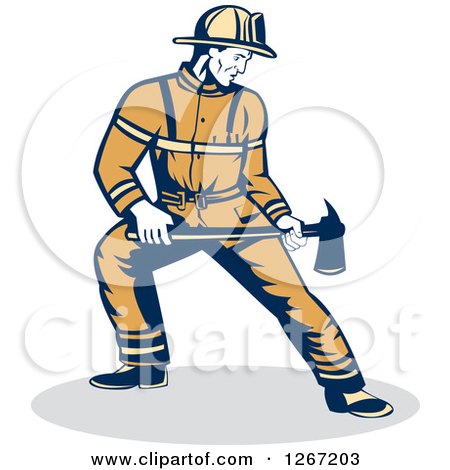 Clipart of a Retro Male Fireman Holding an Axe - Royalty Free Vector Illustration by patrimonio