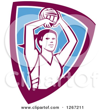 Clipart of a Retro Female Volleyball or Netball Player in a Purple White and Blue Shield - Royalty Free Vector Illustration by patrimonio