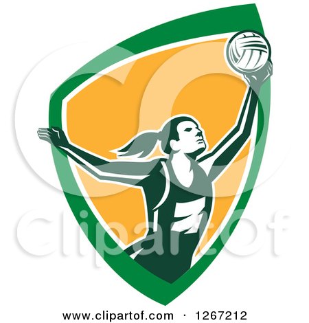 Clipart of a Retro Female Volleyball or Netball Player Serving in a Green White and Orange Shield - Royalty Free Vector Illustration by patrimonio