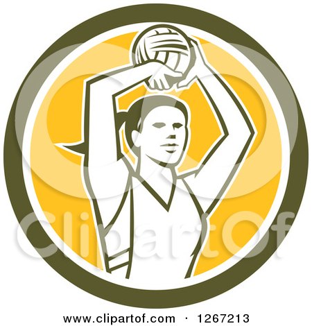 Clipart of a Retro Female Volleyball or Netball Player in a Green White and Yellow Circle - Royalty Free Vector Illustration by patrimonio