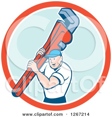 Clipart of a Retro Cartoon Caucasian Male Plumber Holding a Monkey Wrench in a Red White and Blue Circle - Royalty Free Vector Illustration by patrimonio