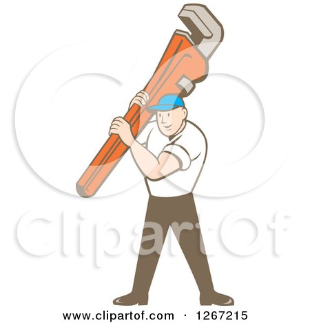 Clipart of a Retro Cartoon Caucasian Male Plumber Holding a Monkey Wrench - Royalty Free Vector Illustration by patrimonio