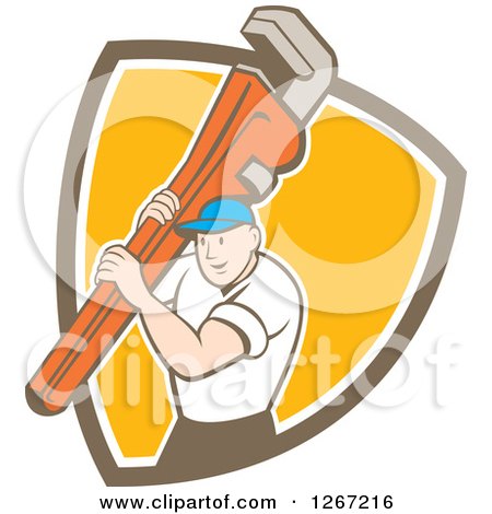 Clipart of a Retro Cartoon Caucasian Male Plumber Holding a Monkey Wrench in a Brown White and Orange Shield - Royalty Free Vector Illustration by patrimonio