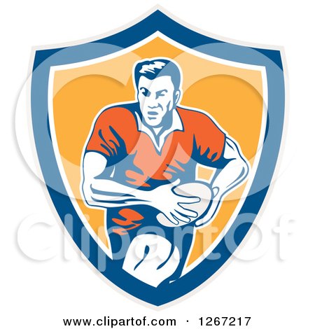 Clipart of a Retro Male Rugby Player Running in a Gray Blue White or Yellow Shield - Royalty Free Vector Illustration by patrimonio