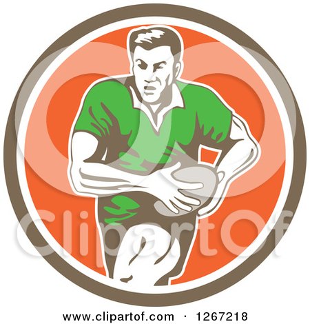 Clipart of a Retro Male Rugby Player Running in a Brown White and Orange Circle - Royalty Free Vector Illustration by patrimonio