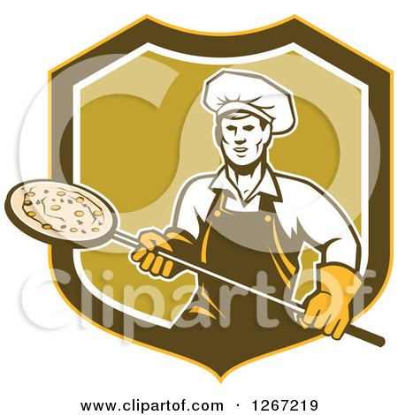 Clipart of a Retro Male Chef with a Pizza on a Peel in a Yellow Brown White and Green Shield - Royalty Free Vector Illustration by patrimonio