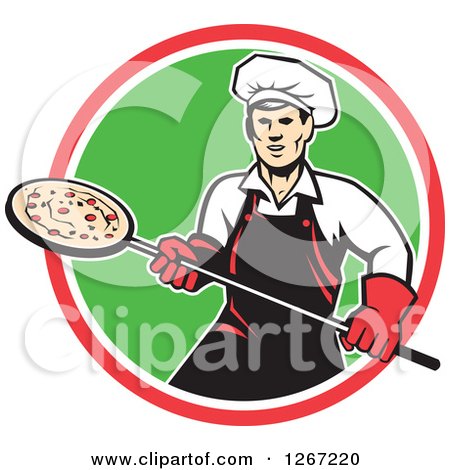 Clipart of a Retro Male Chef with a Pizza on a Peel in a Red White and Green Circle - Royalty Free Vector Illustration by patrimonio