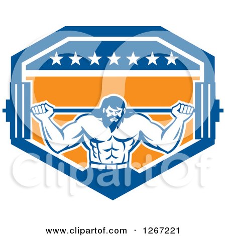 Clipart of a Retro Bearded Muscular Male Bodybuilder Squatting with a Barbell in a Blue White and Orange Shield - Royalty Free Vector Illustration by patrimonio