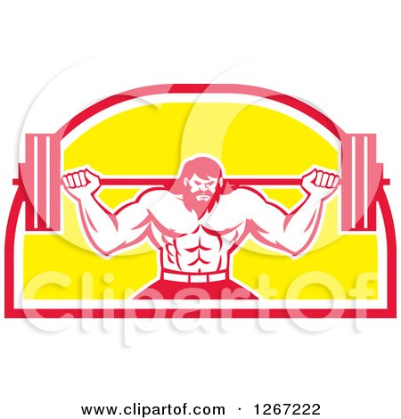 Clipart of a Retro Bearded Muscular Male Bodybuilder Squatting with a Barbell in a Red White and Yellow Shield - Royalty Free Vector Illustration by patrimonio
