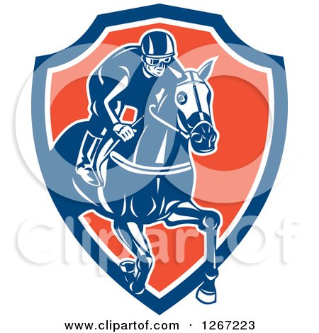 Clipart of a Retro Racing Jockey in a Blue White and Orange Shield - Royalty Free Vector Illustration by patrimonio