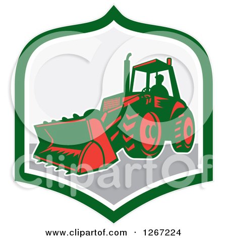 Clipart of a Retro Man Operating an Excavator Machine in a Green White and Gray Shield - Royalty Free Vector Illustration by patrimonio