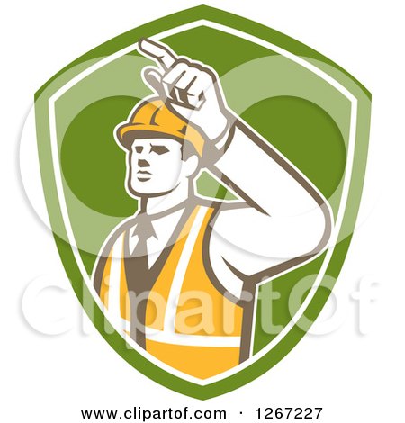 Clipart of a Retro Male Construction Builder Foreman Pointing in a Green and White Shield - Royalty Free Vector Illustration by patrimonio