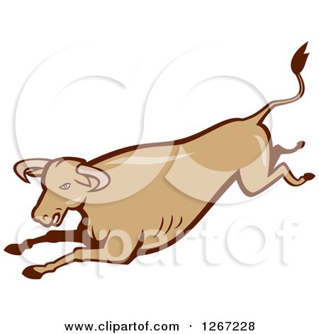 Clipart of a Retro Cartoon Styled Running Brown Bull - Royalty Free Vector Illustration by patrimonio