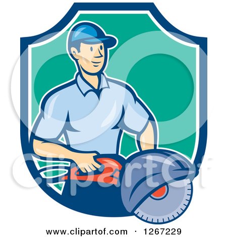 Clipart of a Cartoon White Male Construction Worker Holding a Concrete Saw in a Blue White and Turquoise Shield - Royalty Free Vector Illustration by patrimonio