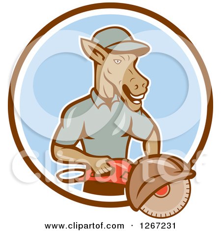 Clipart of a Cartoon Donkey Man Woker Holding a Concrete Saw in a Brown White and Blue Circle - Royalty Free Vector Illustration by patrimonio