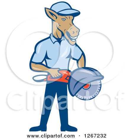 Clipart of a Cartoon Donkey Man Woker Holding a Concrete Saw - Royalty Free Vector Illustration by patrimonio