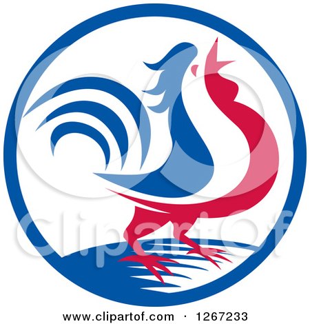 Clipart of a Red White and Blue Rooster Crowing in a Circle - Royalty Free Vector Illustration by patrimonio
