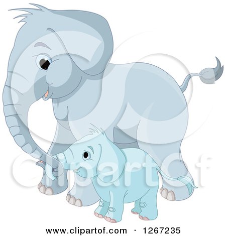 Clipart of a Cute Blue Mother and Baby Elephant - Royalty Free Vector Illustration by Pushkin