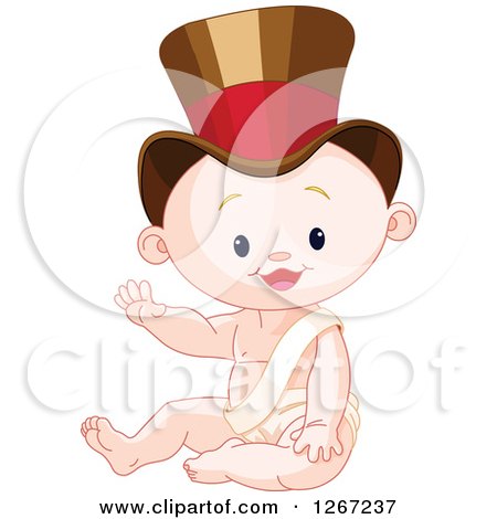 Clipart of a Cute Caucasian New Year Baby Boy Sitting in a Top Hat and Waving - Royalty Free Vector Illustration by Pushkin