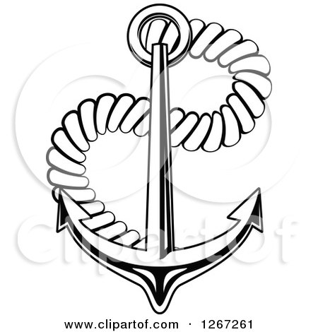 Clipart of a Black and White Nautical Anchor with Rope - Royalty Free Vector Illustration by Vector Tradition SM