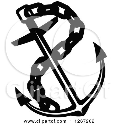 Clipart of a Black and White Nautical Anchor with a Chain - Royalty Free Vector Illustration by Vector Tradition SM