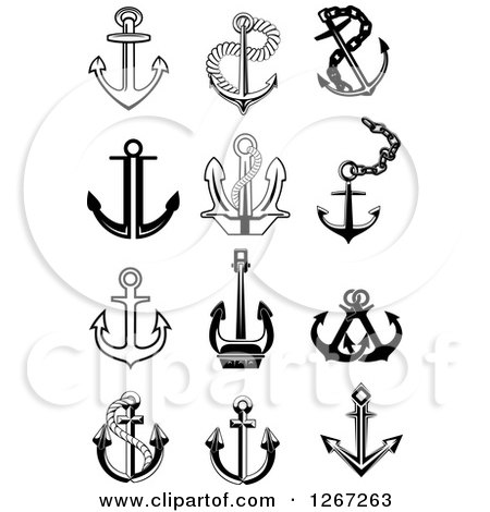 Clipart of Black and White Nautical Anchors - Royalty Free Vector Illustration by Vector Tradition SM