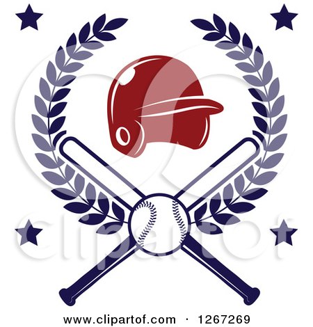 Clipart of a Baseball and Crossed Bats with a Helmet in a Wreath and Stars - Royalty Free Vector Illustration by Vector Tradition SM
