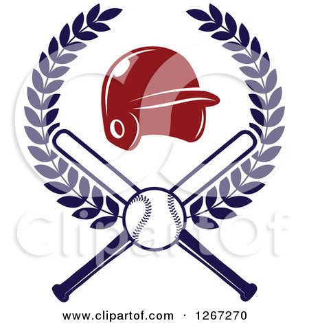 Clipart of a Baseball and Crossed Bats with a Red Helmet in a Wreath - Royalty Free Vector Illustration by Vector Tradition SM