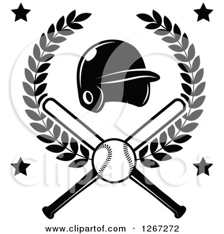 Clipart of a Black and White Baseball and Crossed Bats with a Helmet in a Wreath and Stars - Royalty Free Vector Illustration by Vector Tradition SM