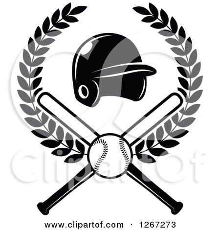 Clipart of a Black and White Baseball and Crossed Bats with a Helmet in a Wreath - Royalty Free Vector Illustration by Vector Tradition SM