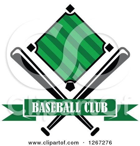 Clipart of a Baseball Diamond Field with Crossed Bats and a Green Text Banner - Royalty Free Vector Illustration by Vector Tradition SM
