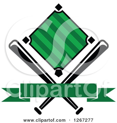 Clipart of a Baseball Diamond Field with Crossed Bats and a Blank Green Banner - Royalty Free Vector Illustration by Vector Tradition SM