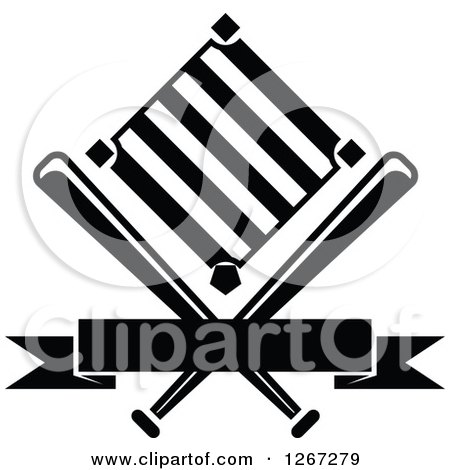 Clipart of a Black and White Baseball Diamond Field with Crossed Bats and a Blank Banner - Royalty Free Vector Illustration by Vector Tradition SM
