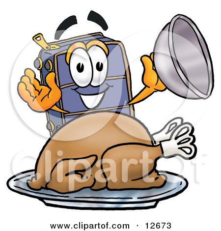 Clipart Picture of a Suitcase Cartoon Character Serving a Thanksgiving Turkey on a Platter by Mascot Junction