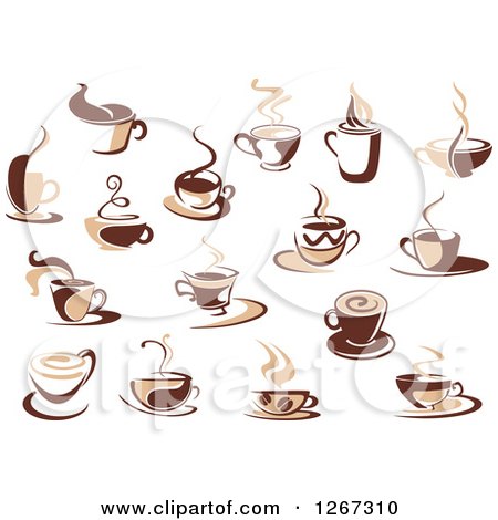Clipart of Two Toned Tan and Brown Steamy Coffee Cup Designs - Royalty Free Vector Illustration by Vector Tradition SM