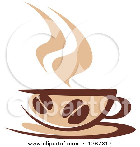 Clipart of a Two Toned Tan and Brown Steamy Coffee Cup with Beans on a Saucer - Royalty Free Vector Illustration by Vector Tradition SM