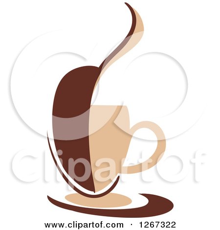 Clipart of a Two Toned Tan and Brown Steamy Bean Shaped Coffee Cup on a Saucer - Royalty Free Vector Illustration by Vector Tradition SM