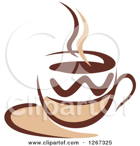 Clipart of a Two Toned Tan and Brown Steamy Coffee Cup on a Saucer 2 - Royalty Free Vector Illustration by Vector Tradition SM