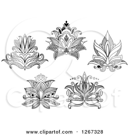 Clipart of Black and White Beautiful Henna Lotus Flowers - Royalty Free Vector Illustration by Vector Tradition SM