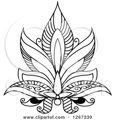 Clipart of a Black and White Beautiful Henna Lotus Flower 2 - Royalty Free Vector Illustration by Vector Tradition SM