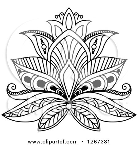 Clipart of a Black and White Beautiful Henna Lotus Flower 3 - Royalty Free Vector Illustration by Vector Tradition SM
