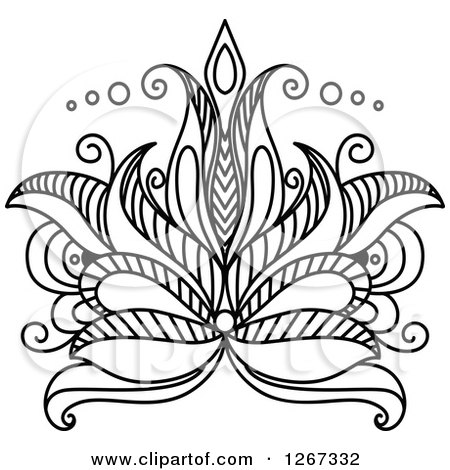 Clipart of a Black and White Beautiful Henna Lotus Flower 4 - Royalty Free Vector Illustration by Vector Tradition SM
