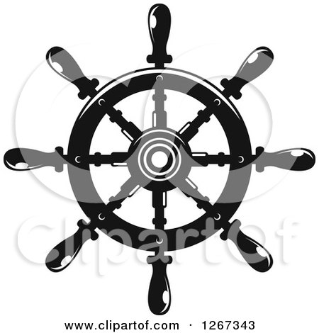 Clipart of a Black and White Nautical Ship Helm Steering Wheel - Royalty Free Vector Illustration by Vector Tradition SM